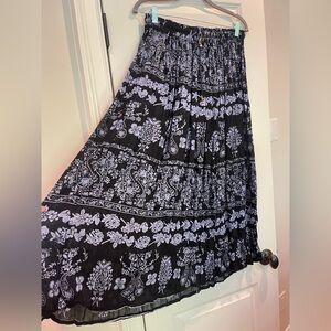 One Size Boho Floral Black and Blue Maxi Skirt